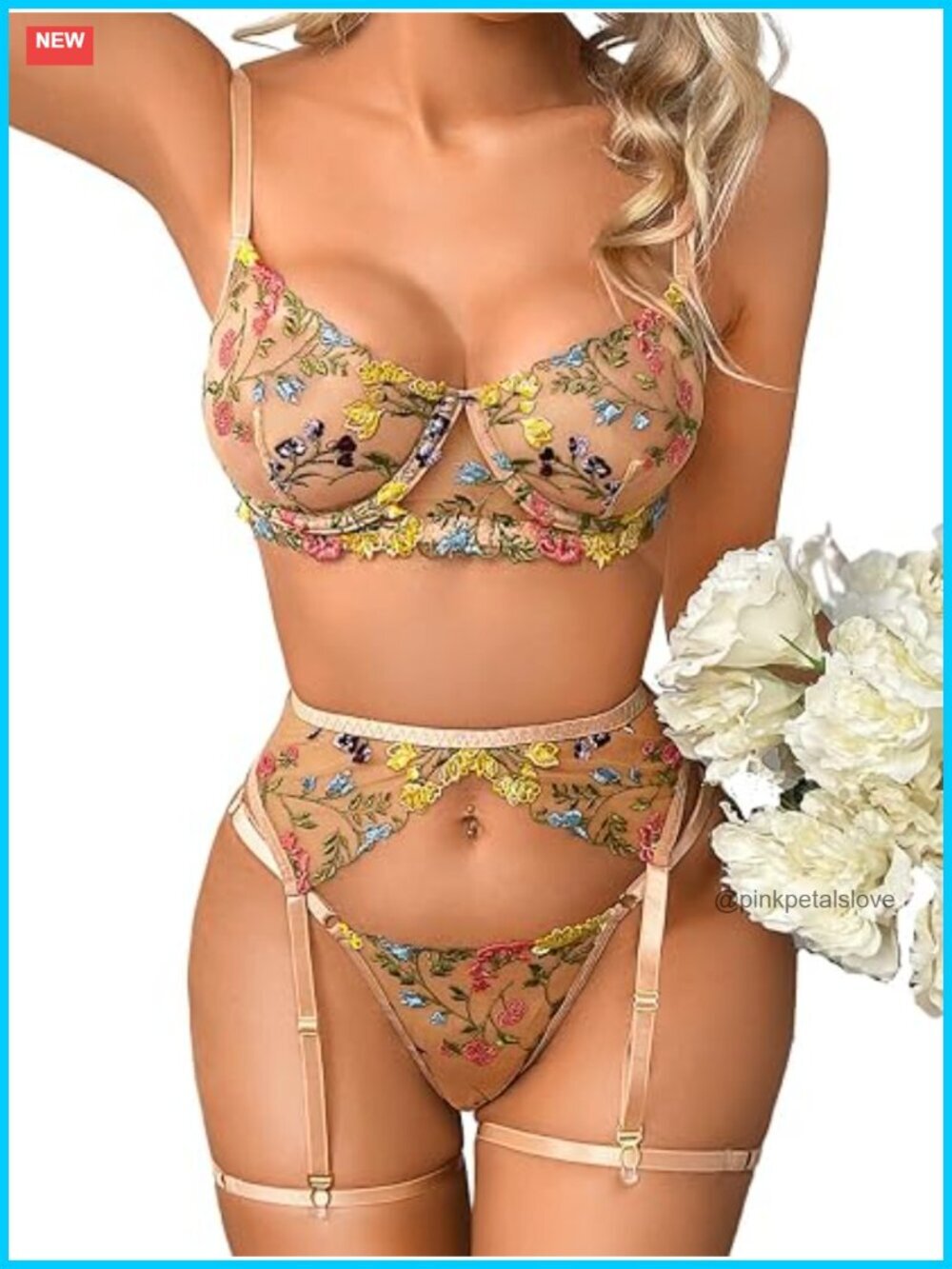 Vibrant Floral Embroidery Underwire Thong Garter Set with Thigh Straps